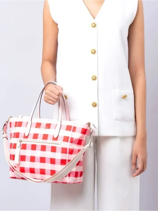 Kate Spade Chelsea Gingham pink multi Tote with Detachable Strap Bag - Picture 7 of 9